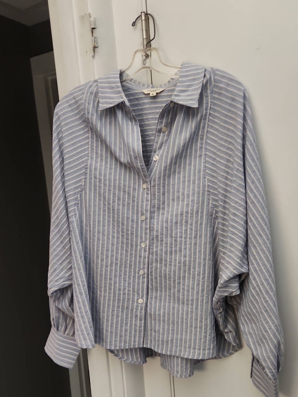 Max Studio Light Blue and White Striped Button-Up Blouse